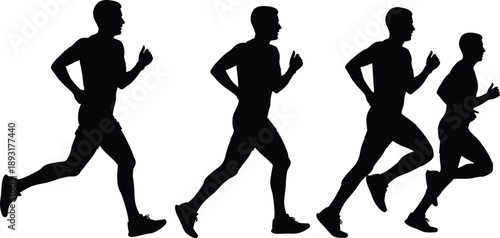 Running men silhouettes collection showing male athletes jogging and sprinting in motion, fitness training and endurance exercise poses isolated on white background vector illustration set