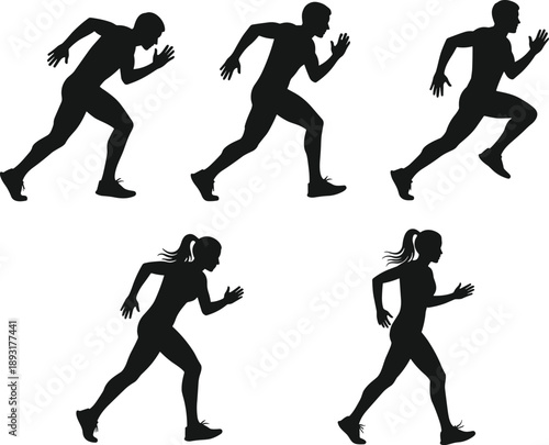 Running athlete silhouettes in different sprinting poses, male and female runners in motion isolated on white background, fitness training, speed, endurance, healthy lifestyle concept