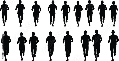 Running people silhouette set featuring men and women jogging forward, athletic movement sequence, fitness and cardio training concept isolated on white background