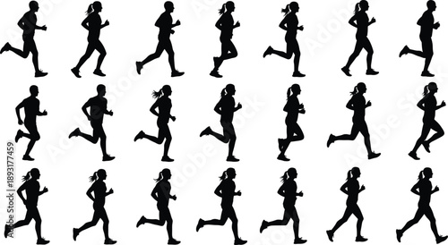 Running people silhouettes collection showing men and women jogging and sprinting in sequence, fitness training, cardio exercise motion isolated on white background vector illustration set