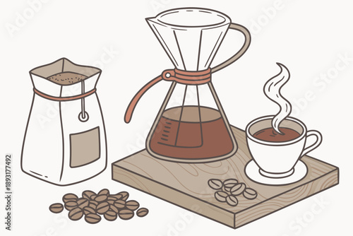 Hand-drawn vector illustration of coffee brewing process: pour-over maker, fresh grounds bag, steaming cup, and roasted beans for cafe and barista themes