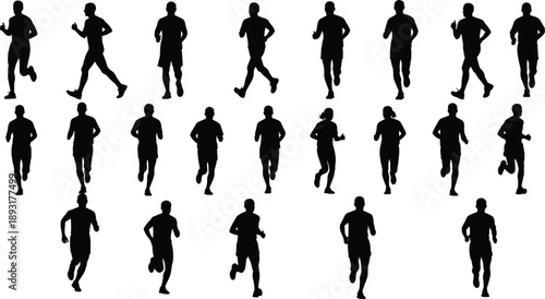 Running silhouette collection showing male and female joggers in different motion poses isolated on white background for fitness, cardio training, endurance and active lifestyle concepts