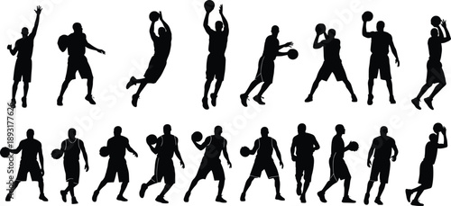 Set of basketball player silhouettes showing dribbling, passing and shooting actions, black athletic human figures isolated on white background for sport, fitness and competition concepts