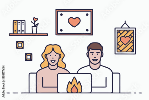 Happy couple using laptop at home, engaged in online dating or shared passionate project, modern vector illustration of digital relationship and connection