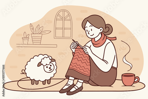 Cozy woman knitting wool garment with adorable sheep and hot drink in warm home interior. hand-drawn vector illustration of handmade craft hobby and relaxation scene.