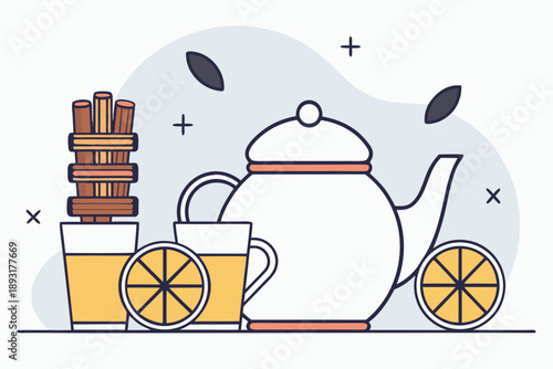 Cozy lemon cinnamon tea time vector illustration with white teapot, warm drinks, and spices. flat design style beverage concept.