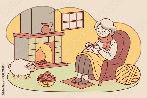 Cozy senior woman knitting warm wool by fireplace with sheep, engaging in crafting hobby in comfort, vector illustration