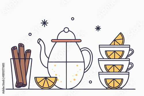 Winter warm beverage vector illustration: minimalist teapot, cinnamon sticks, and citrus slices in cozy line art style, perfect for holiday drinks and cafeteria menus