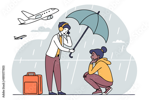 Travelers in rain with umbrella: man assists woman during airport delay, bad weather, or canceled flight. vector illustration of support and patience in difficult journey conditions.