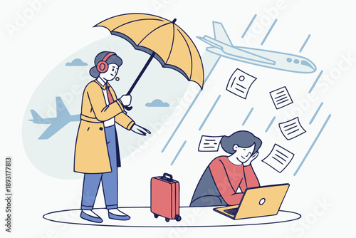 Travel assistance vector illustration depicting a customer service agent with an umbrella protecting an overwhelmed passenger with a laptop from falling documents and travel stress at the airport.