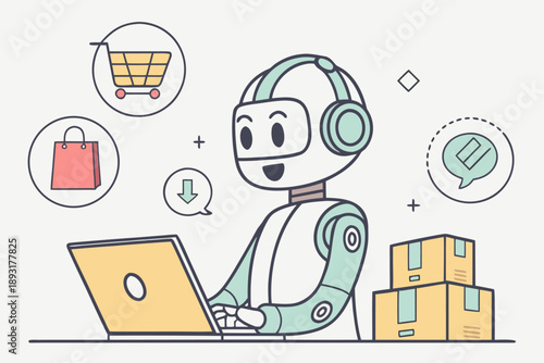 Ai robot assistant managing online shopping and e-commerce logistics. digital retail operations, smart customer service technology, automated delivery, modern business support vector illustration.