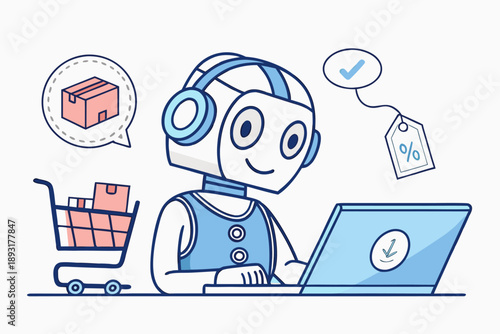 Ai powered robot with headphones works on laptop for online shopping, e-commerce automation, digital sales, and efficient customer service processes. vector illustration.