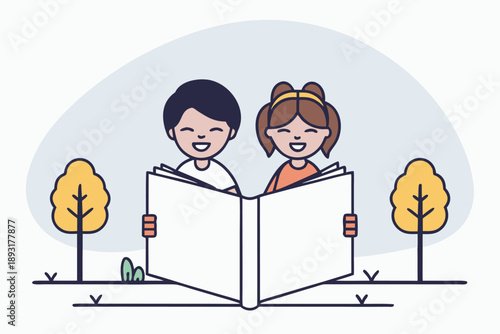 Joyful children reading a book together outdoors in a park setting with trees and greenery, simple flat design vector illustration for education and childhood themes