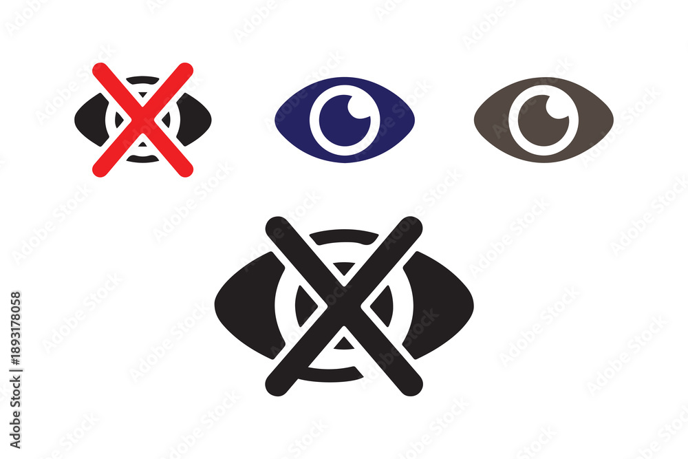 Obraz premium Set of stylized eye icons with cross marks isolated on white background