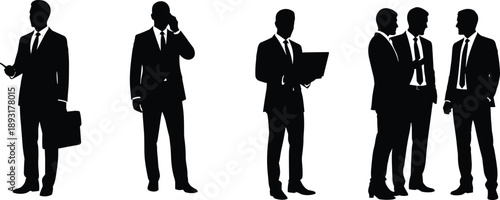 Set of business men silhouettes in suits using phone, laptop, and discussing together, professional corporate teamwork and communication concepts isolated on white background