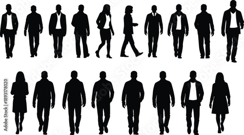 Set of business people silhouettes walking and standing in formal clothing, male and female office workers full body figures isolated on white background