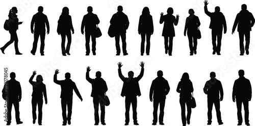 Set of diverse walking and waving people silhouettes isolated on white background, human figures collection for business, travel, crowd, and lifestyle concepts illustration
