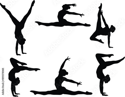 Set of female gymnast and dancer silhouettes performing splits, handstands, jumps, and acrobatic poses showing flexibility, strength, balance, and artistic movement isolated on white background