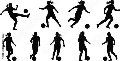 Set of female soccer player silhouettes dribbling and kicking football in different action poses, dynamic sports movement isolated on white background, fitness and competition concept