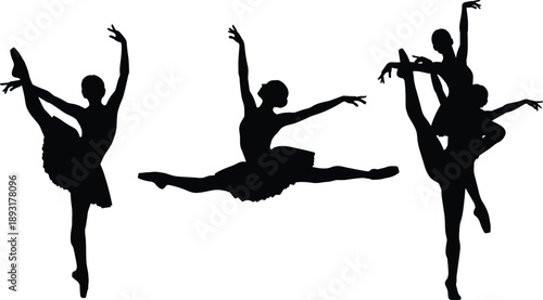 Set of Graceful Ballet Dancer Silhouettes Performing Elegant Jumps, Spins, and Balance Poses, Classical Dance Performance, Artistic Expression, and Professional Training Concept