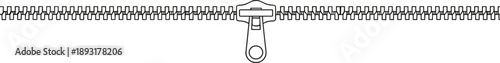 Minimal zipper illustration with open slider, black line outline textile fastener concept for fashion, clothing, sewing, tailoring, repair design projects