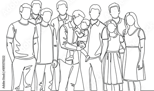 Minimal line art illustration of diverse family group with parents holding baby, faceless people portrait symbolizing unity, togetherness, community, and modern relationships on white background