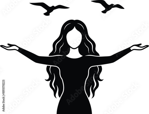 Minimal silhouette woman with open arms and flying birds, symbolizing freedom peace empowerment spirituality hope and emotional liberation concept illustration