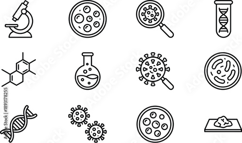 Medical, science, laboratory, icons, set, microbiology, virus, bacteria, dna, research, microscope, chemistry, healthcare, diagnostics, analysis, outline, illustration, design, collection, biology