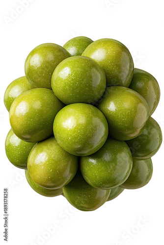 Stacked green spheres form a pyramidal shape, brightly lit, isolated black