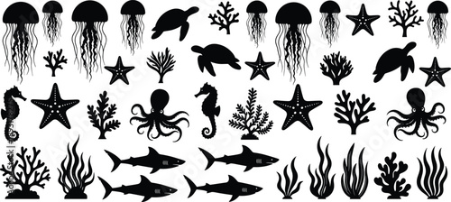 Marine life silhouette icon set featuring jellyfish turtles sharks octopus starfish and coral, black and white vector illustration for ocean wildlife, underwater design