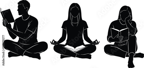 People reading book silhouette collection showing man and woman studying, meditating and relaxing, education, mindfulness, self learning, knowledge, calm lifestyl