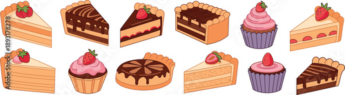 Set of cute cake and cupcake slices with strawberries, chocolate and cream, bakery dessert flat vector illustration collection
