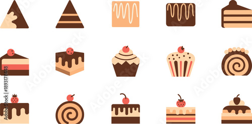 Set of cute cake slice icons with chocolate, cream and strawberry toppings, bakery dessert flat vector illustration collection