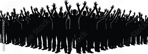 Large crowd silhouette of people with raised hands symbolizing unity, freedom, celebration, protest, community energy and social movement concept on white background illustration