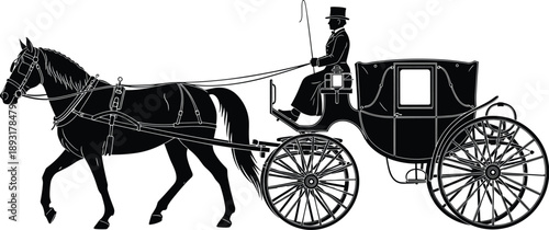 Horse drawn carriage silhouette with driver and vintage coach, black and white classic transportation illustration representing history, elegance, travel, Victorian era