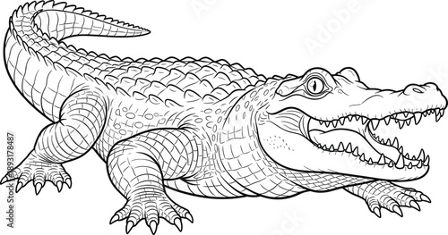 Highly detailed crocodile line art illustration showing aggressive reptile with open mouth sharp teeth wildlife animal coloring book style isolated on white background vector drawing