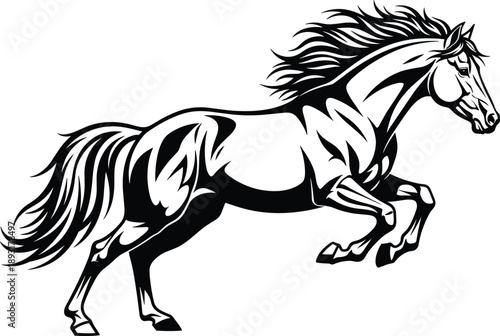 Powerful running horse silhouette illustration showing wild stallion galloping with strength speed and motion in minimalist black and white vector art style