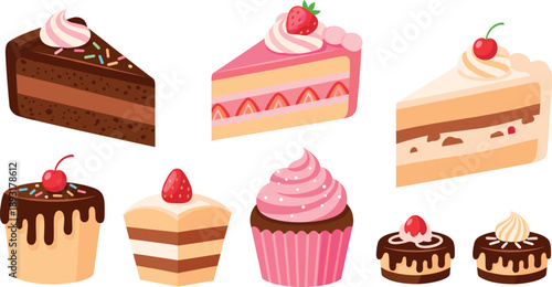 Set of cute cake slices and cupcakes with cream, chocolate and strawberry toppings, bakery dessert flat vector illustration collection