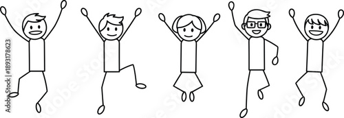Happy cartoon stick figure people jumping with raised hands, simple doodle characters expressing joy, celebration, teamwork and positive emotion, isolated line art illustration on white background