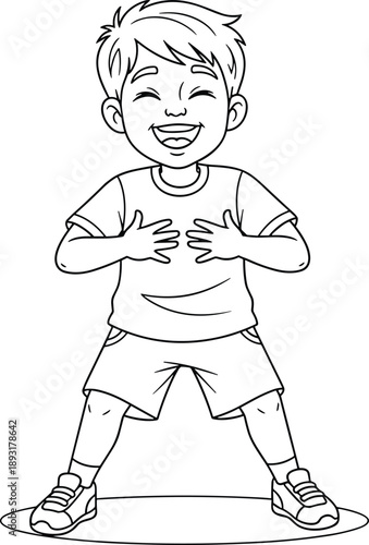 Happy cartoon boy laughing with hands on chest illustrated in clean black and white line art for kids emotion, joy, and positivity concept