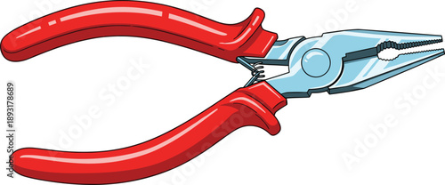 Red handled pliers tool isolated on white background illustrated in detailed flat style for hardware, repair, construction, workshop equipment, mechanical work, and DIY maintenance concept