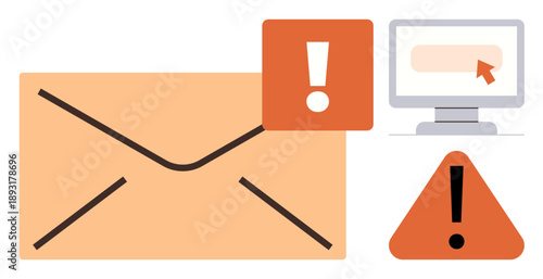 Cybersecurity, email protection, online safety, phishing alerts, risk communication, fraud prevention. Large envelope, exclamation marks computer screen with cursor. Cybersecurity and email