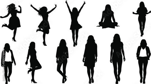 Female silhouette collection showing women jumping, dancing, walking, standing and meditating, expressing freedom, confidence, lifestyle poses, fitness
