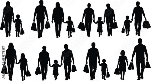 Family shopping silhouette collection showing parents and children walking together with bags, symbolizing consumer lifestyle, retail activity, parenting, togetherness