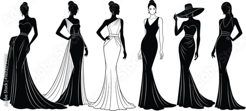 Elegant fashion illustration set of women in long evening gowns, black and white silhouettes showcasing luxury dresses, runway style, glamour, femininity, and high fashion design concepts