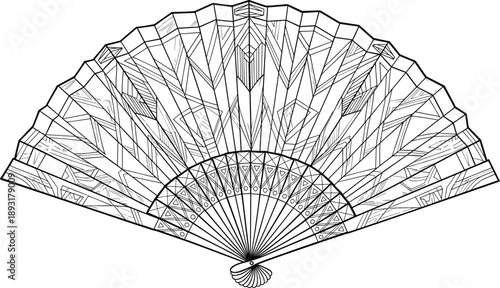 Elegant decorative folding hand fan illustration with geometric patterns, detailed black and white line art, traditional accessory design for fashion, culture, crafts, and creative graphic projects