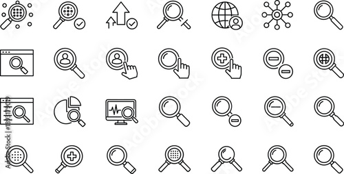 Search icons set, magnifying glass symbols, user interface elements, web search tools, analytics, zoom, find, explore, inspect, discover