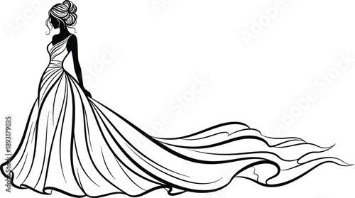 Elegant bridal gown fashion illustration featuring graceful woman silhouette, flowing wedding dress train, luxury couture line art design for bridal, fashion, elegance concepts