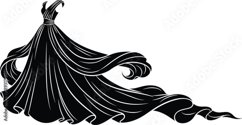 Elegant black silhouette evening gown with flowing fabric, luxury fashion dress design illustration, dramatic couture style garment isolated on white background for creative design use
