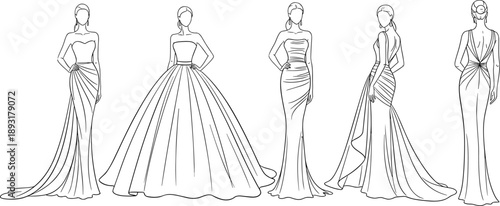 Elegant fashion sketch collection of women evening gowns, bridal and formal dress designs, minimal line art illustration set showcasing modern couture silhouettes isolated on white background